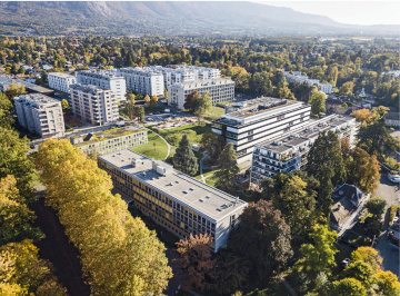 Vue aérienne actuelle du site de Battelle et ses nouveaux bâtiments, 2021. Le récent quartier de la Tambourine a été construit juste au-dessus. Photo : GSK- SHAS © Michael Peuckert