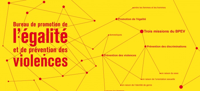 sur le fond jaune logo et missions du bureau de l'égalité