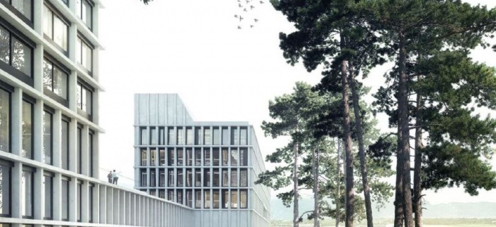 Derrière le Centre pour migrants se dessine le bâtiment pour la police internationale (© Berrel Berrel Kräutler) Le futur ensemble se situe sur la commune du Grand-Saconnex