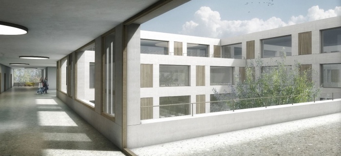 Les espaces d'enseignement et les salles de sport s'articulent autour d'un patio central (CLR Architectes SA) L'intérieur du futur Cycle d'orientation de Vernier-Balexert, qui remplacera celui du Renard