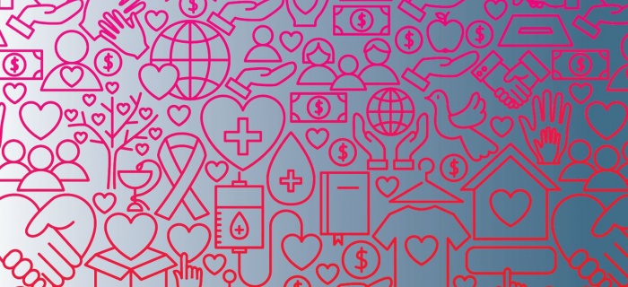 multitudes d'icônes rouges sur fond dégradé représentant la philanthropie