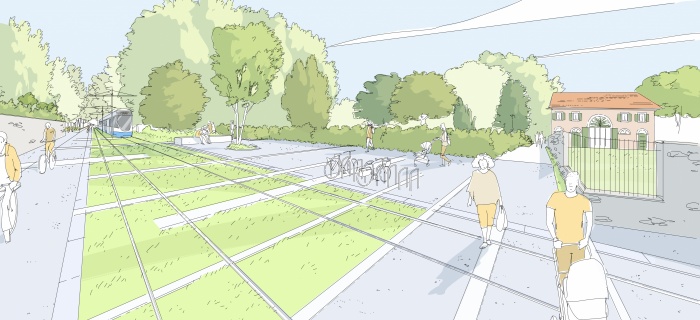 Une placette aménagée à l'entrée de l'allée David-Morse - un axe de mobilité douce pour les liens entre les quartiers