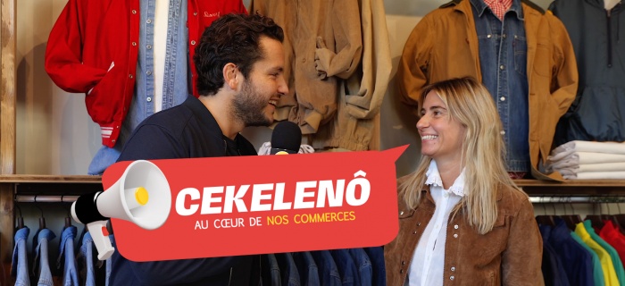 L'humoriste genevois Alexandre Kominek interviewant, micro à la main, une commerçante dans son commerce. Par dessus, un visuel rouge avec un mégaphone et le mot "Cekelenô" écrit en blanc.