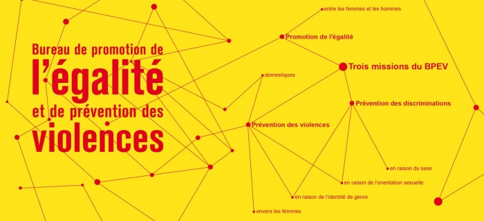 bureau de promotion de l'égalité et de prévention des violences et ses missions logo sur le fond jaune