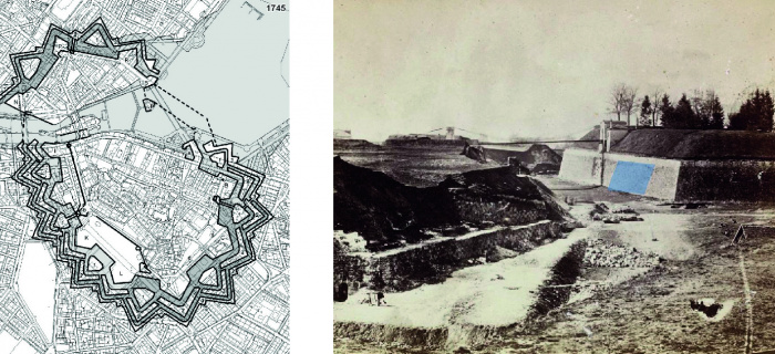 Plan des Bastions, 1745 ; le vestige découvert en août 2023 (en bleu), superposé sur une vue du Bastion du Pin vers 1860 (Bibliothèque de Genève)