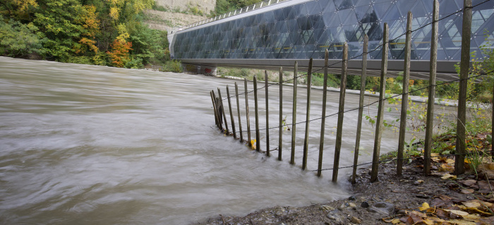 Montée de l'Arve au 14 novembre 2023 au pont des Artisanes, Léman Express, Carouge