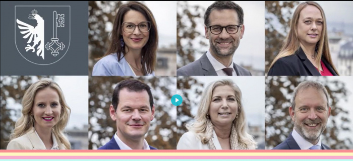 Antonio Hodgers – DT, Nathalie Fontanet – DF, Thierry Apothéloz – DCS, Anne Hiltpold – DIP, Carole-Anne Kast – DIN, Pierre Maudet – DSM, Delphine Bachmann – DEE