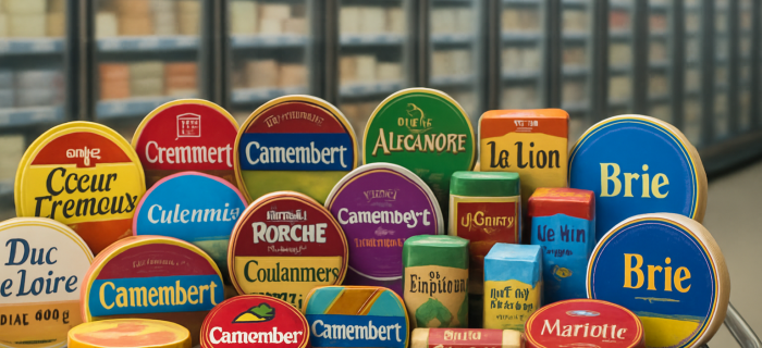 Présentation de plusieurs fromages fictifs
