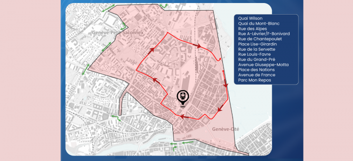 Carte : parcours de la manifestation, zone de perturbation et axes de déviation