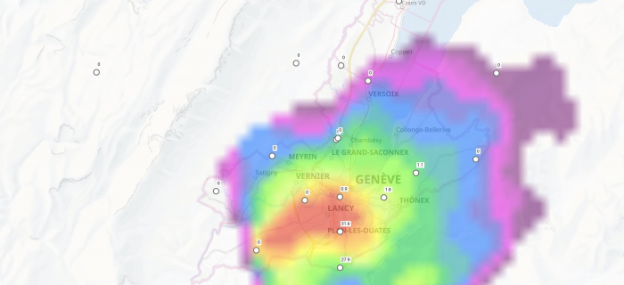 Précipitation radar (OFEV) et pluviomètres (GE) en mm/h