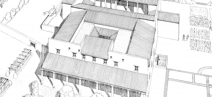 Reconstitution de la villa romaine du parc la Grange à la fin du Ier siècle ap- J.C. © dessin : Gérard Deuber, SAGe.