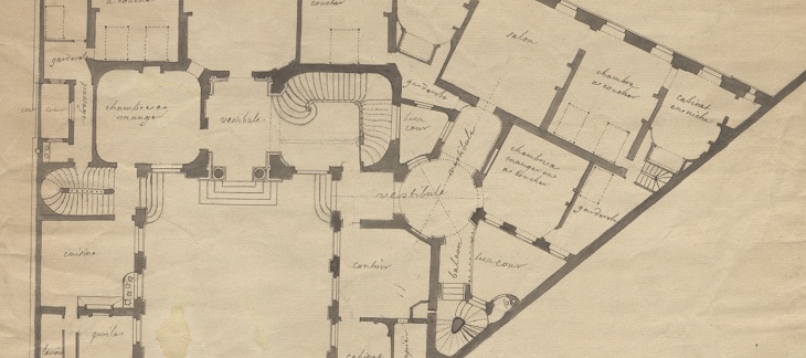 Projet pour l'hôtel Sellon attribué à J.-B. Micheli du Crest, plan du rez-de-chaussée, variante adoptée, vers 1719. Archives d'Etat de Genève; Office du patrimoine et des sites, O. Zimmermann Projet pour l'hôtel Sellon, plan du rez-de-chaussée, vers 1719. AEG; Office du patrimoine et des sites, O. Zimmermann