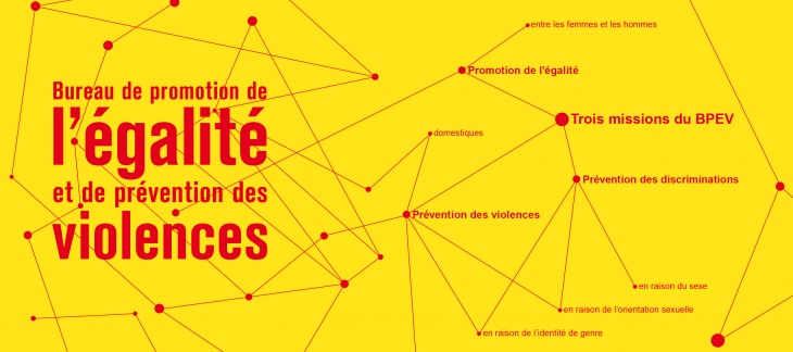 sur le fond jaune logo et missions du bureau de l'égalité