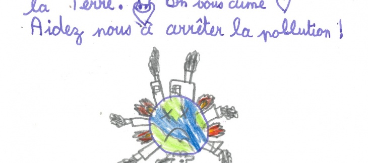 dessin d'enfant "Aidez-nous à arrêter la pollution"!