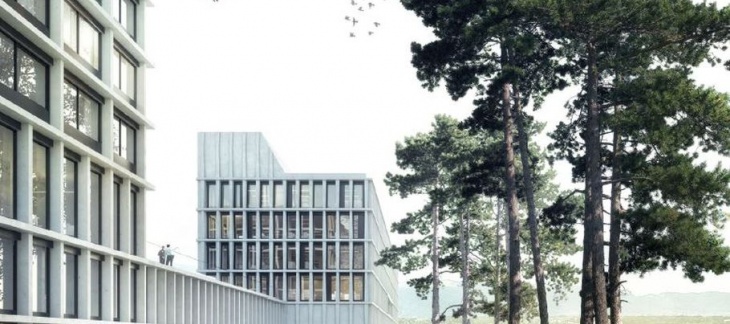 Derrière le Centre pour migrants se dessine le bâtiment pour la police internationale (© Berrel Berrel Kräutler) Le futur ensemble se situe sur la commune du Grand-Saconnex