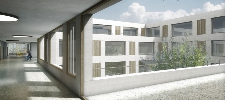 Les espaces d'enseignement et les salles de sport s'articulent autour d'un patio central (CLR Architectes SA) L'intérieur du futur Cycle d'orientation de Vernier-Balexert, qui remplacera celui du Renard