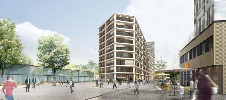 Place de la gare avec bâtiments de logements © EMA archictectes-Image Camille François Place de la gare avec bâtiments de logements © EMA archictectes-Image Camille François