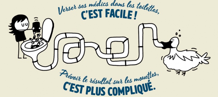 Verser ses médics dans les toilettes, c'est facile ! Prévoir le résultat sur les mouettes, c'est plus compliqué. Illustration Oh mon eau ! Toilettes