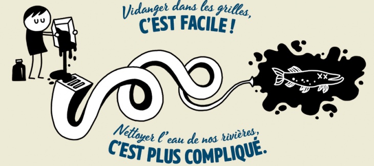 Vidanger dans les griles, c'est facile ! Nettoyer l'eau dans nos rivières, c'est plus compliqué. Illustration Oh mon eau ! Grilles