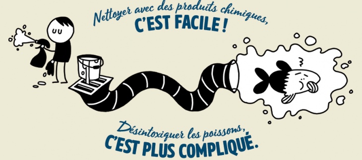 Nettoyer avec des produits chimiques, c'est facile ! Désintoxiquer les poissons, c'est plus compliqué. Illustration Oh mon eau ! Grilles