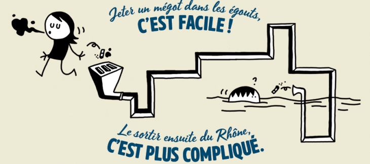 Jeter un mégot dans les égouts, c'est facile ! Le sortir ensuite du Rhône, c'est plus compliqué. Illustration Oh mon eau ! Egouts