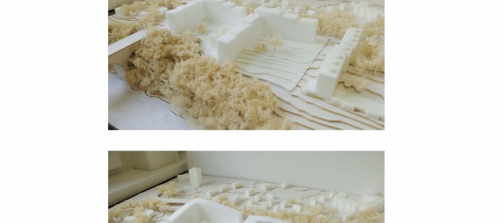 Maquette du projet Michée Chaudron - parti d’aménagement retenu: deux barres pliées Maquette du projet Michée Chaudron - parti d’aménagement retenu: deux barres pliées
