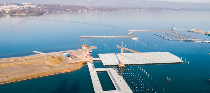 Chantier du Port-Noir, de la Maison de la Pêche et du Restaurant de la Plage (janvier 2019) © AERIAL WORKS Port Plage Publique Eaux-Vives