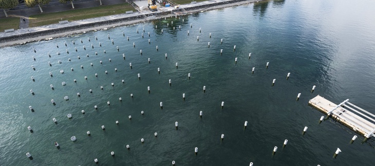 Chantier de la Maison de la Pêche, de la passerelle du môle et de la plateforme pour dériveurs (septembre 2018) © Serge Fruehauf Port Plage Publique Eaux-Vives