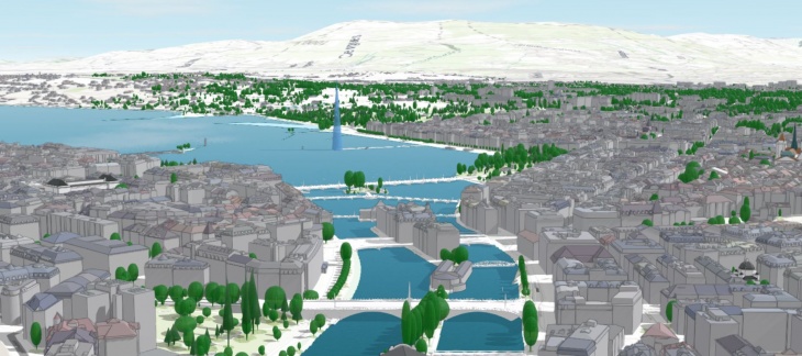 Genève en 3D: vue centrée sur le Rhône et au second plan le lac et le jet d'eau