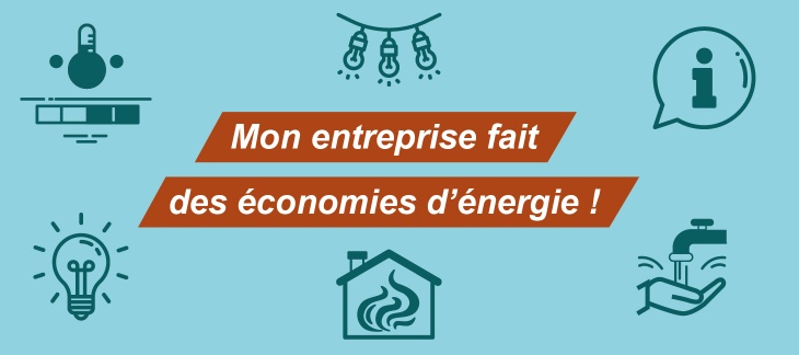 Pictogrammes de thermomètre, d'ampoules, de robinet et de chauffage entourant le titre "mon entreprise fait des économies d'énergie".