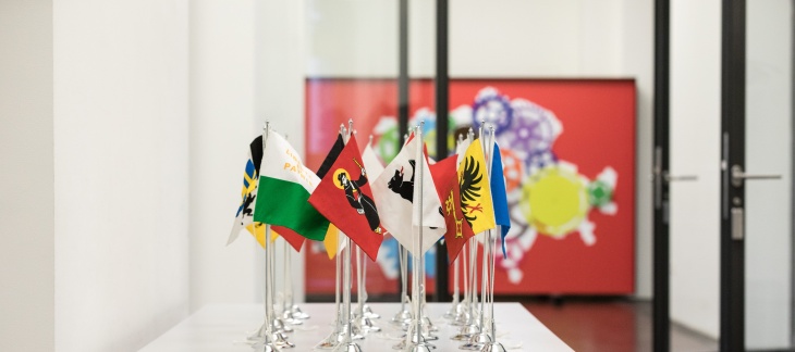 Drapeaux de divers cantons sur une table - Photographie de Simon Iannelli