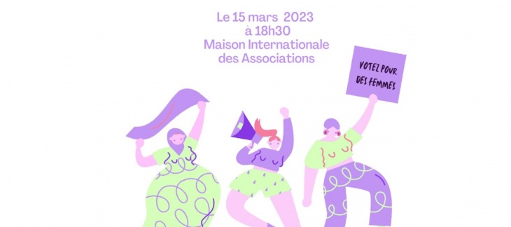 silhouettes femmes en violet et vert pistache avec banderole votez femmes