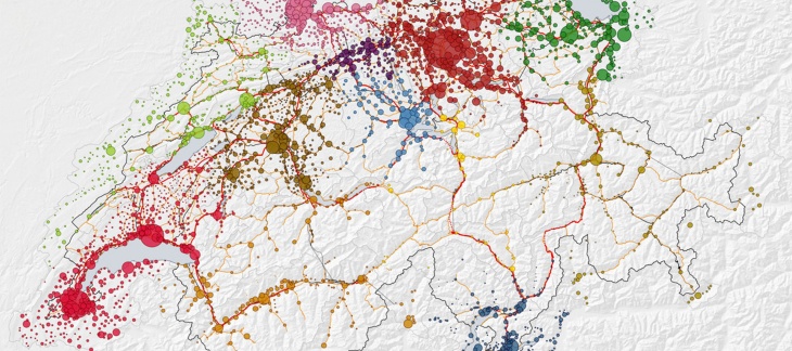 Carte de la Suisse : principaux domaines d’action et domaines étendus du concept d’espace suisse