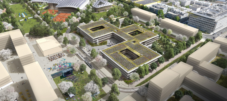 Vue des futurs équipements publics des Cherpines - école secondaire II et centre sportif et culturel (© PIXALAB)