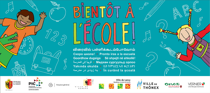 Illustration de "bientôt à l'école!" et la traduction dans les langues suivantes, dans l'ordre: tamoul, ukrainien, espagnol, somali, albanais, arabe, mongol, turc, tigrinia, farsi et roumain