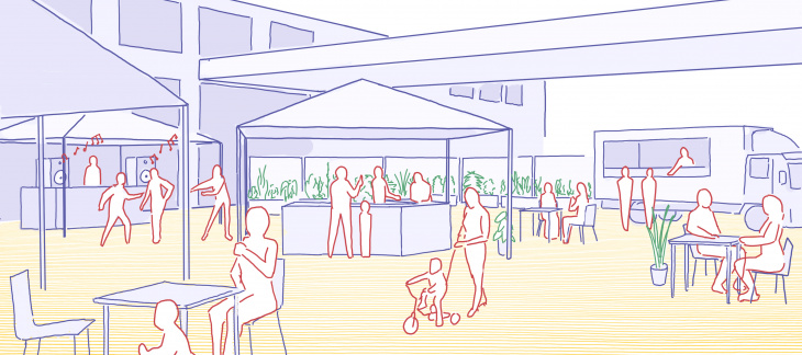 Dessin d'une fête sur une place publique