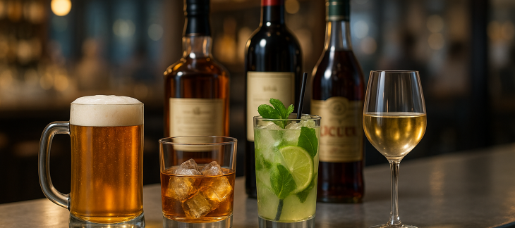 Image de différents alcools, fermentés ou distillés sur un bar