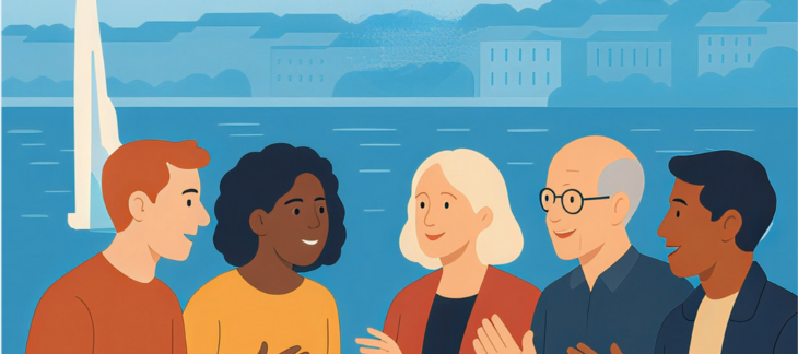 personnages devant le jet d'eau