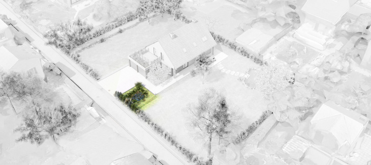 Vue sur un jardin de pluie à la parcelle (Pixalab pour l'office cantonal de l'eau)