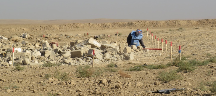 Crédit FSD - Une fois les gravats étalés par l’excavatrice, ceux-ci sont inspectés manuellement pour la recherche d’engins explosifs.