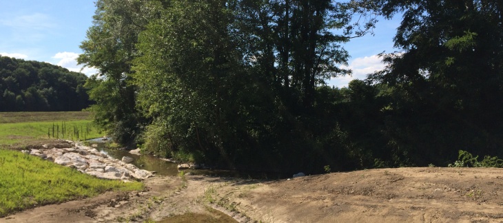 Paysage boisé et terre sèche le long d'un cours d'eau -  période d'étiage