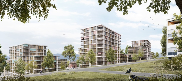 Projet Lauréat serpentine - vue depuis le chemin Auguste-Vilbert © group 8 + Hager Partner AG