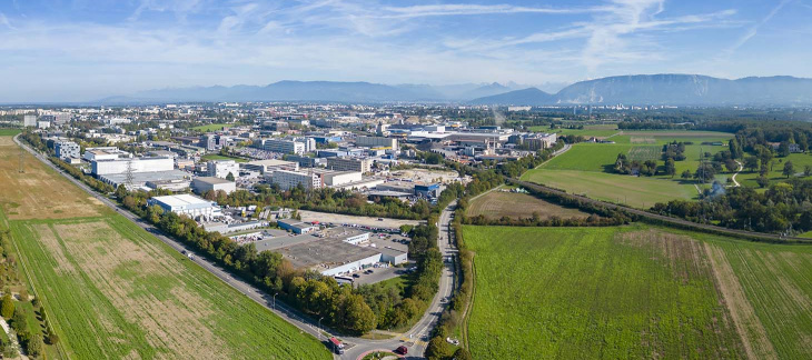 La ZIMEYSAVER vue du ciel, angle routes du Mandement et de Satigny © Drone GVA