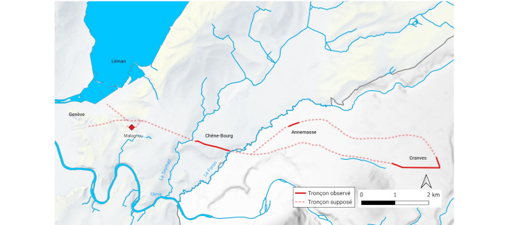 Fig. 3 : Tracé de l'aqueduc, de Cranves à Genève. © SAGe