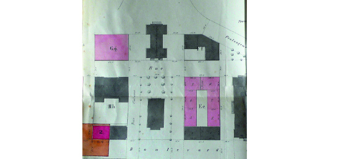 Plan des parcelles autour du conservatoire et du temple unique, 1872. © Archives d'Etat de Genève