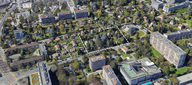 Vue oblique sur le quartier du Mervelet et périmètre du projet - Google Earth