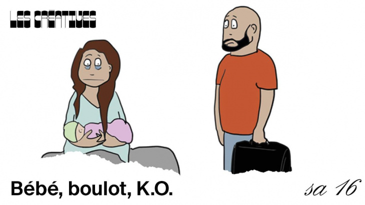 maman fatiguée avec bébé et papa qui part travailler