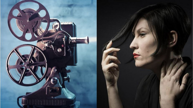 vieux projecteur sur le fond bleu et la photo de la réalisatirce Ovidie