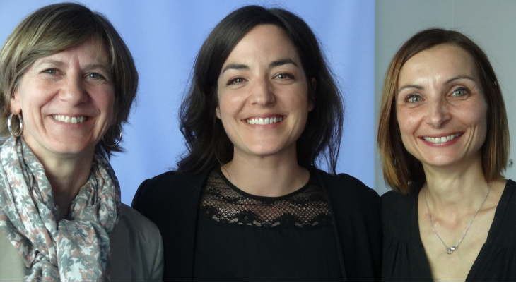 L'équipe de l'Hospice général présentant au Meetup (de gauche à droite, Renée Zellweger Monin, Juliette Dubois, Anne Nouspikel)