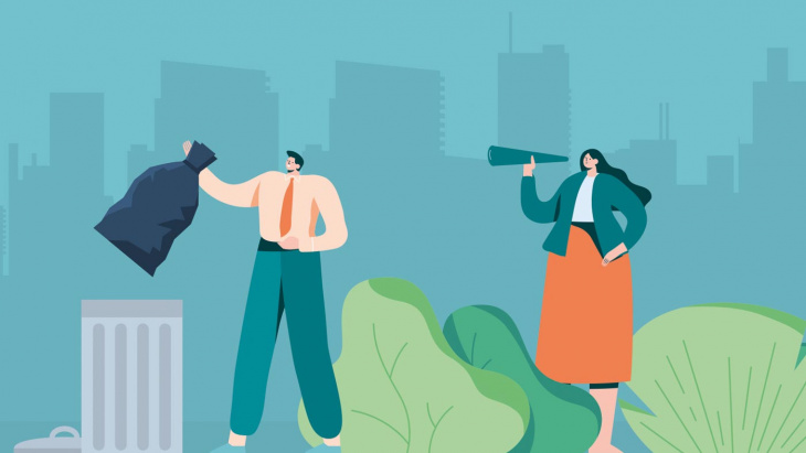 Deux personnages qui jettent un sac poubelle dans un container.